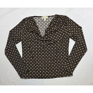 Michael Kors Lowell Token Print Black & Gold QF351AE6T7 Cowl Blouse. Size M